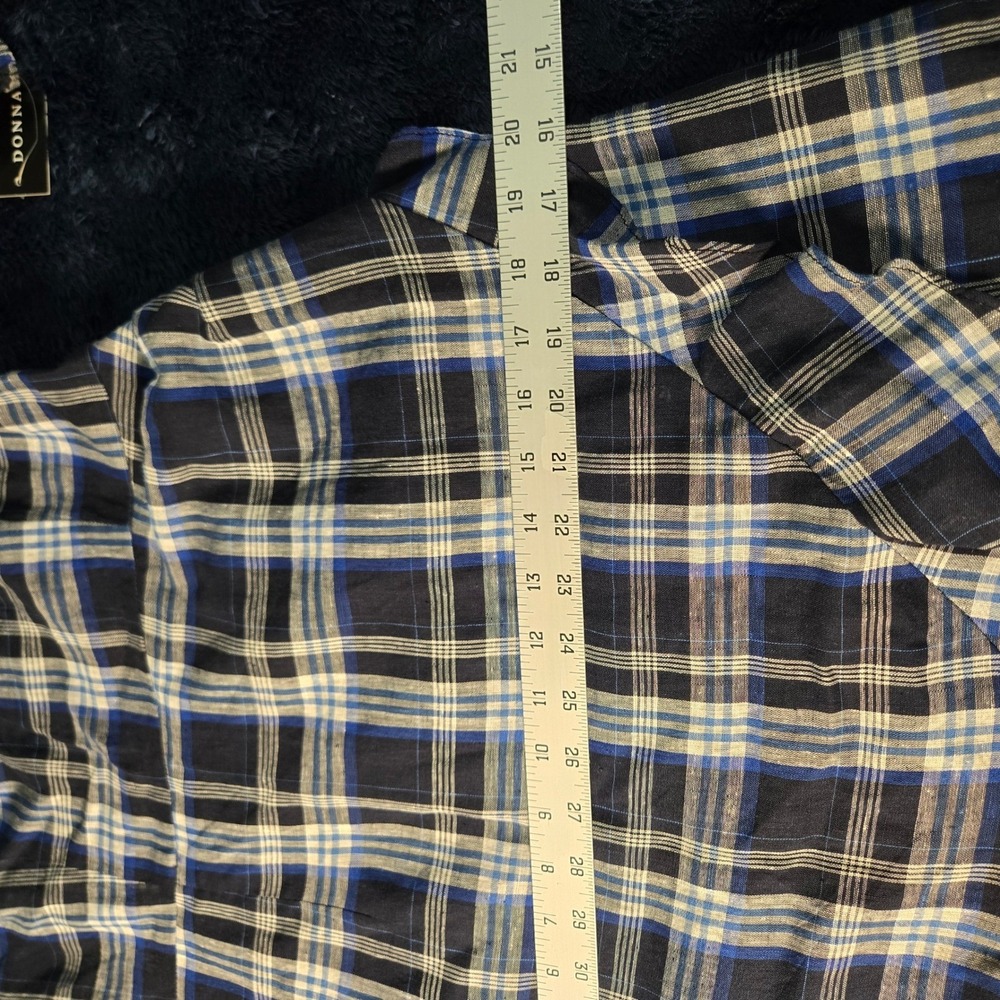 Donna Morgan One Shoulder Plaid Linen Blend Ruffle Dress Blue Tan Womens 10 NEW - Picture 4 of 9